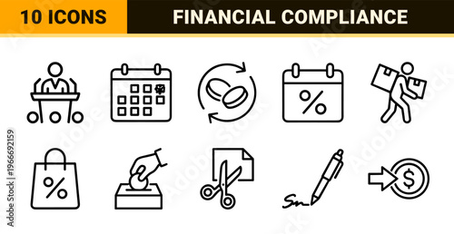 Taxation and Financial Compliance Outline Icons - Minimalist Geometric Line Art for Accounting, Revenue Services, and Fiscal Auditing.