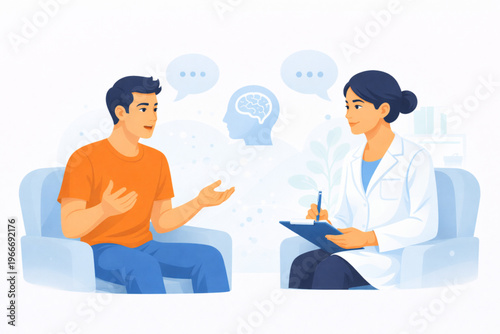 A professional vector illustration of a mental health consultation session. A young man is sitting on a comfortable sofa, talking to a female psychiatrist who is taking notes on a clipboard. The image