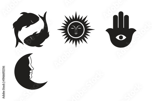 Celestial objects and spiritual symbols silhouette set bundle on white.