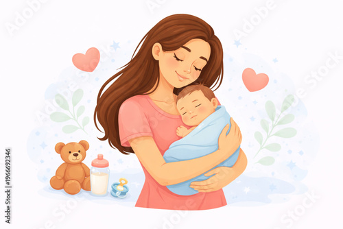 A heartwarming vector illustration of a loving mother tenderly cradling her sleeping newborn baby wrapped in a blue swaddle. The scene is decorated with soft pink hearts and baby essentials like a ted