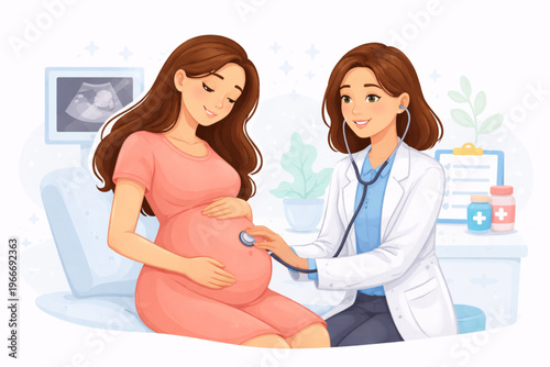 A heartwarming vector illustration of a pregnant woman during a medical checkup. A friendly female doctor is using a stethoscope to listen to the baby's heartbeat. The background features a clinical 