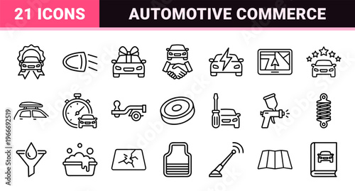 Automotive Industry and Car Dealership Services Minimalist Monoline Outline Icons for Vehicle Sales and Maintenance Commercial Branding