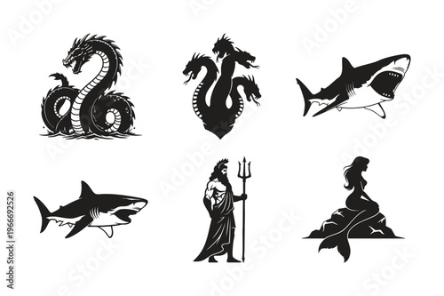 Sea monster silhouette set bundle with sharks and mythical figures.
