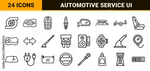 Automotive Engineering and Vehicle Service Minimalist Monoline Outline Symbols for User Interface and Digital Dashboard Design