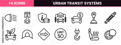 Smart Mobility and Modern Transportation Minimalist Geometric Outline Icons for Logistics, Automotive Services, and Urban Transit Systems.