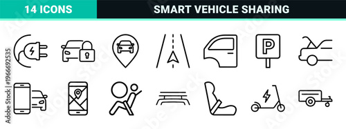 Car Rental and Smart Mobility Icon Set Featuring Minimalist Monoline Geometric Line Art for Urban Vehicle Sharing and Automotive Apps.