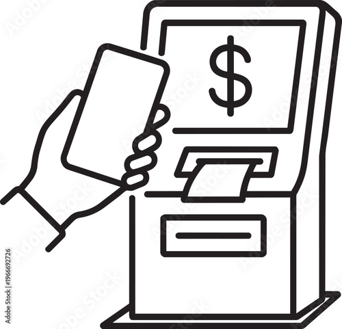 Hand holding smartphone tapping automated teller machine atm for secure digital wireless cash withdrawal line vector