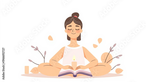 A serene vector illustration of a young woman sitting in a meditative pose with her eyes closed, radiating peace and tranquility. She is positioned behind an open book with a glowing candle 