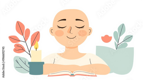 A peaceful vector illustration of a bald woman, likely a cancer survivor or patient, sitting with her eyes closed in a moment of calm. She is positioned in front of an open book with a lit candle 