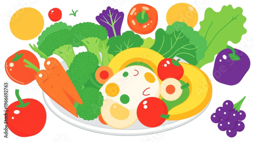 A colourful and healthy cartoon illustration of a fresh vegetable salad. The plate is overflowing with broccoli, carrots, various red tomatoes, bell peppers, lettuce, purple kale, and what appears 