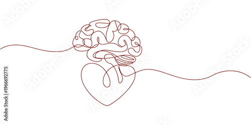 brain with love shape continuous one line drawing, One continuous line drawing of half human brain and love heart shape logo icon. Psychological split affection logotype symbol template concept.