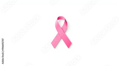 A clean, minimalist image of a pink ribbon isolated on a plain white background. The pink ribbon is the universal symbol for breast cancer awareness, representing hope, support, and solidarity 