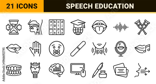 Speech Therapy and Linguistics Education Outline Symbols featuring Pathological and Educational Communication Concepts in Minimalist Monoline Style