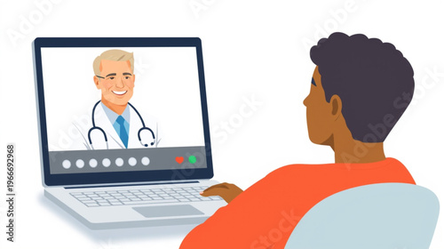 A flat vector illustration of a patient having a video call with a male doctor on a laptop. The scene highlights telemedicine, online medical consultation, and remote healthcare services, showing 