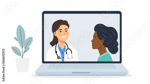 A modern flat illustration of an online medical consultation. A female doctor with a stethoscope is seen on a laptop screen talking to a patient. This image represents telemedicine, digital healthcare