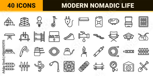 Minimalist Recreational Vehicle and Mobile Home Line Icons for Vanlife Navigation Interfaces and Nomadic Lifestyle Wayfinding Signage