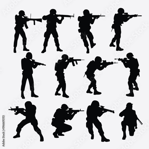 Military Soldier Silhouettes Set in Dynamic Tactical Poses