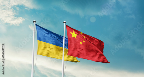Photography Ukraine and China friendship flags are waving in the sky