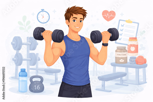 A vibrant flat illustration of a fit young man lifting dumbbells in a gym. The background includes fitness elements like a protein jar, kettlebell, water bottle, and a workout plan, symbolizing 