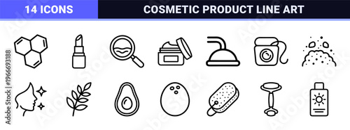 Minimalist Monoline Skincare and Beauty Product Outline Symbols featuring Geometric Cosmetic Dermatology and Personal Care Line Art.