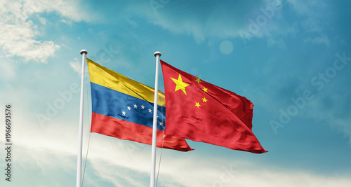 Photography Venezuela and China friendship flags are waving in the sky