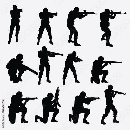 Army soldiers in diverse action poses with assault rifles, representing military readiness and security missions