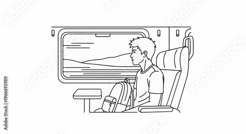 Young man gazing out train window at rolling hills and landscape