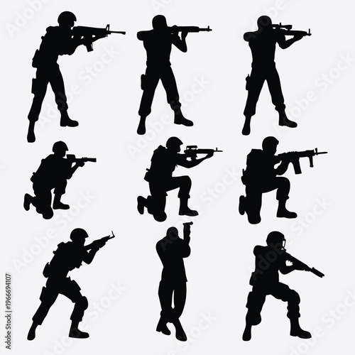 Military soldiers in various combat action poses holding rifles and ready for duty