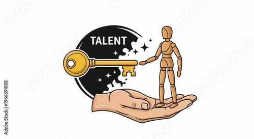 Wooden figure receiving a golden key, signifying unlocking talent and potential