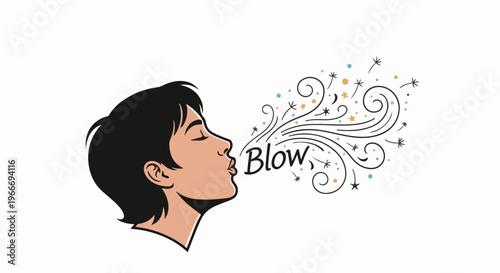 Young person exhaling stylized wind with sparkles and text