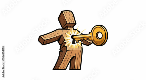 Wooden figure with golden key opening a glowing chest cavity