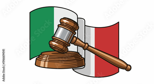 Wooden gavel rests against waving flags of Italy and Spain