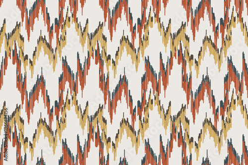 Modern Boho Tribal Vector Pattern featuring Ethnic Ikat Weave Texture and Hand-Drawn Flame Stitched Zigzags in Earth Tones for Trendy Fashion Prints, Interior Design, and Digital Scrapbooking
