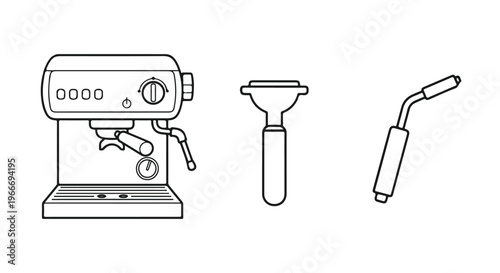 Line drawing of an espresso machine with a funnel and steam wand on a white background.