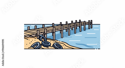 Wooden pier on a sandy shore with discarded tires near blue water
