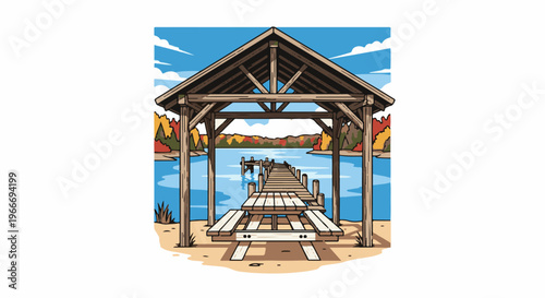 Wooden pier with picnic table under a rustic shelter overlooking autumn foliage