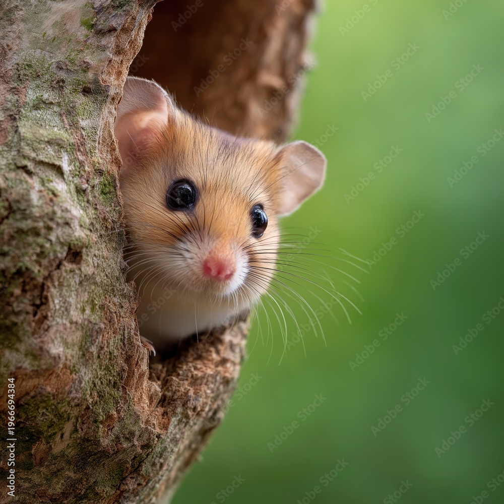 Naklejka premium Curious Hamster Peeking from Tree Hollow
