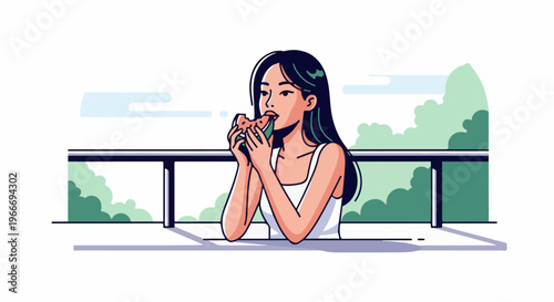 Young woman enjoying a juicy slice of watermelon outdoors with greenery