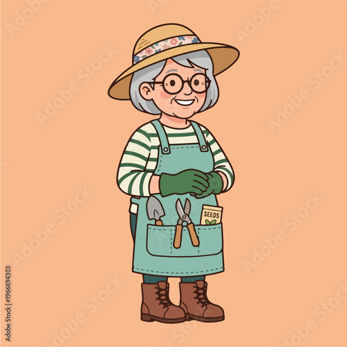 Elderly Woman Wearing Gardening Gloves.