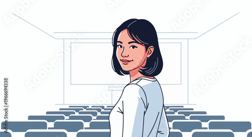 Young woman in a white top smiles over her shoulder in an auditorium