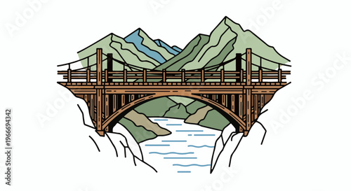 Wooden suspension bridge spans river with mountains in background
