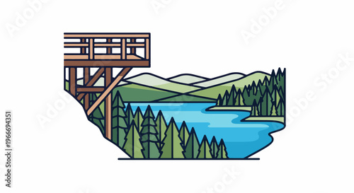 Wooden viewpoint overlooking tranquil lake and forested hills
