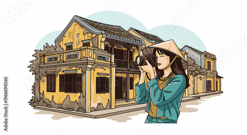 Young woman in conical hat takes photo of old yellow buildings