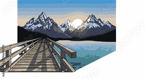 Wooden walkway leads to snow-capped mountains over a tranquil lake at dawn