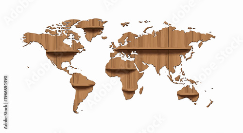 Wooden world map with integrated shelves