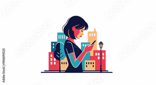 Young woman uses smartphone in stylized city with colorful buildings and lamp