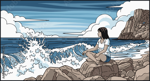 Young woman sitting on rocks watching crashing waves on a sunny day