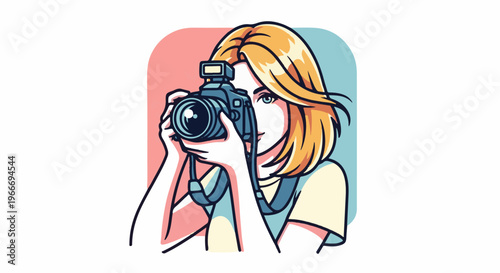 Young woman with blonde hair and blue eyes holding a digital camera