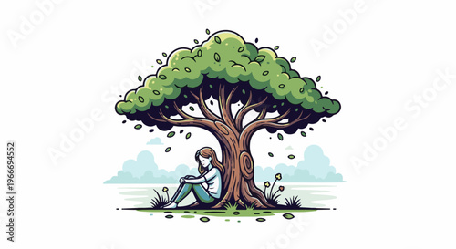 Young person rests under a large tree with green leaves