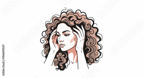 Woman with curly hair holds her head, appearing stressed